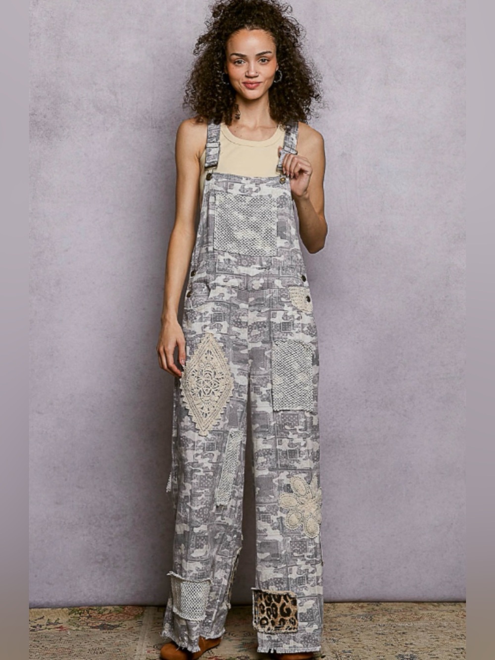POL Patchwork Crochet Leopard Wide Leg Overalls Boho Jumpsuit L - Picture 14 of 15